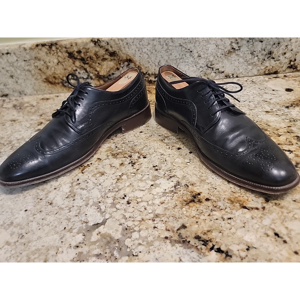 JOHNSTON & MURPHY Men's 8.5M Wingtip Brogue Black Leather Shoes MADE in India - Picture 2 of 9